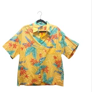 Vintage Hawaiian Mens Button Up Yellow Tropical Floral Shirt Size L Aloha Travel